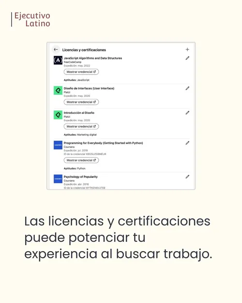 Sección de certificaciones en LinkedIn